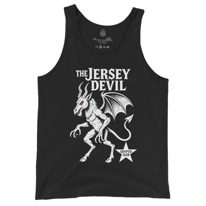 Black unisex tank top with bold white Jersey Devil artwork, horns, wings and tail, By Strange & Twisted