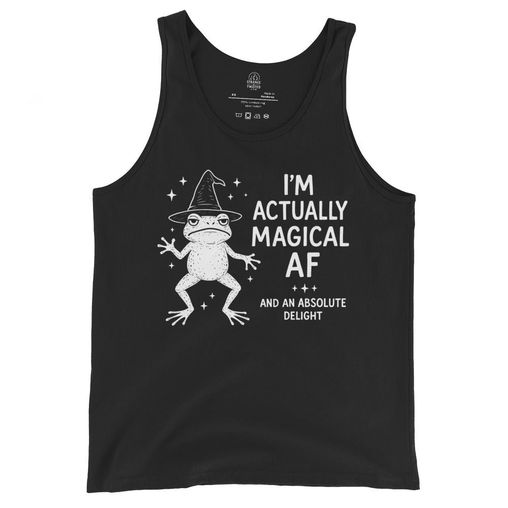 Black tank top with white magical frog design wearing witch hat and Magical AF text, By Strange & Twisted