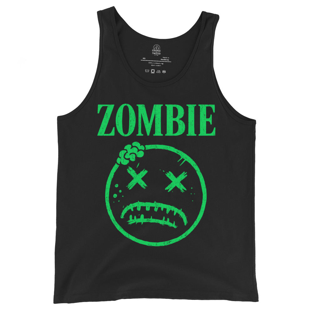 Black tank top with neon green distressed zombie face graphic and bold Zombie text, By Strange & Twisted