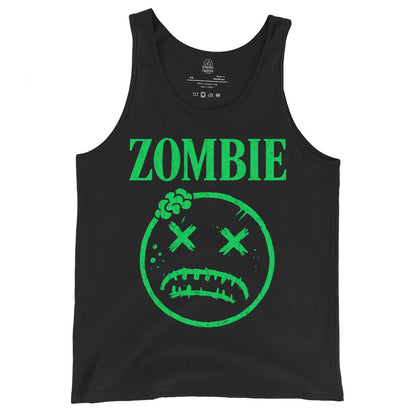 Black tank top with neon green distressed zombie face graphic and bold Zombie text, By Strange & Twisted
