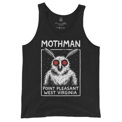 Black unisex tank top featuring white Mothman Point Pleasant West Virginia artwork with bright red eyes in a folklore style, By Strange & Twisted