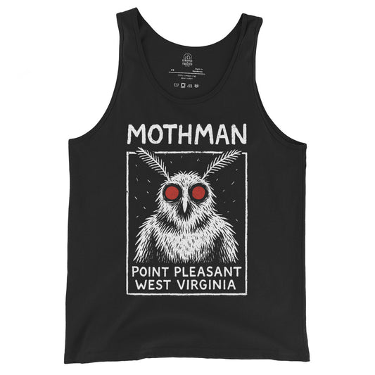 Black unisex tank top featuring white Mothman Point Pleasant West Virginia artwork with bright red eyes in a folklore style, By Strange & Twisted