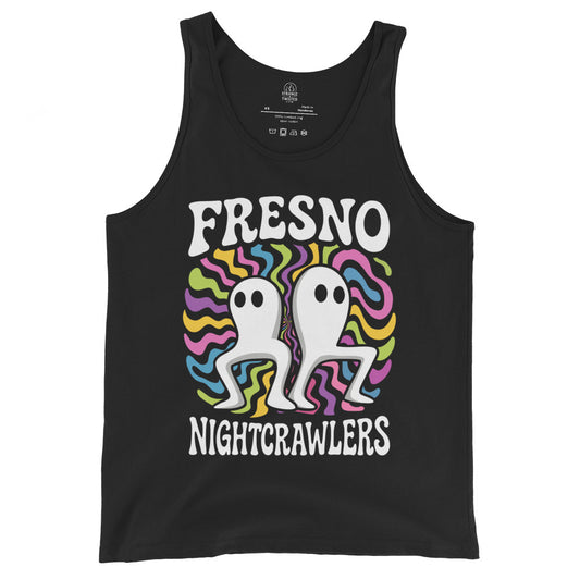 Black unisex tank top featuring psychedelic Fresno Nightcrawlers artwork with two white walking cryptids and colourful waves, By Strange & Twisted