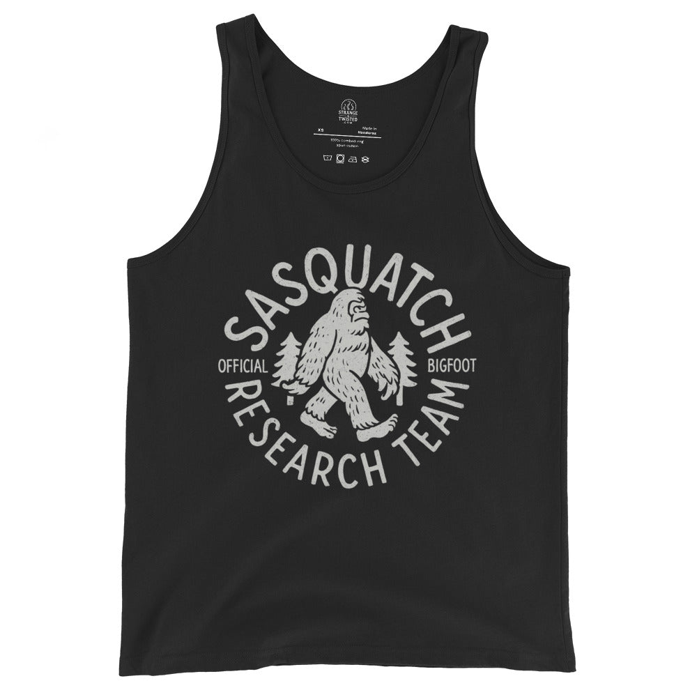 Pale grey Sasquatch Research Team design on black tank top, front view, by Strange & Twisted