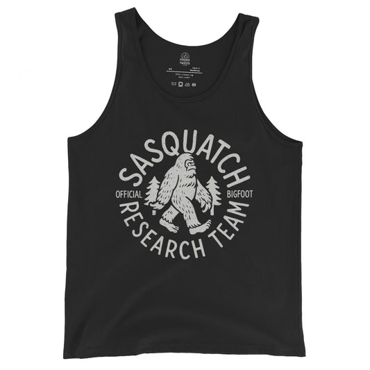 Pale grey Sasquatch Research Team design on black tank top, front view, by Strange & Twisted
