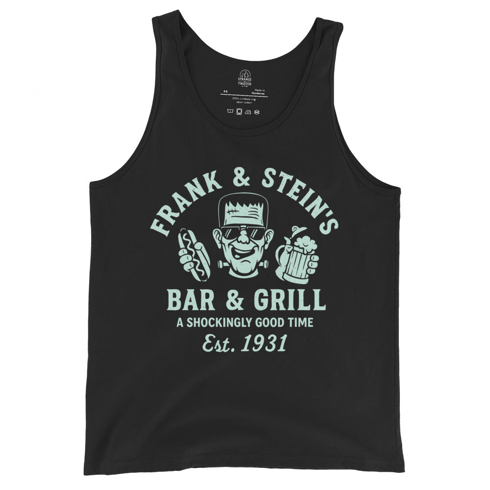 Black tank top with mint Frank and Stein’s Bar and Grill monster parody artwork featuring monster, hotdog and beer, By Strange & Twisted