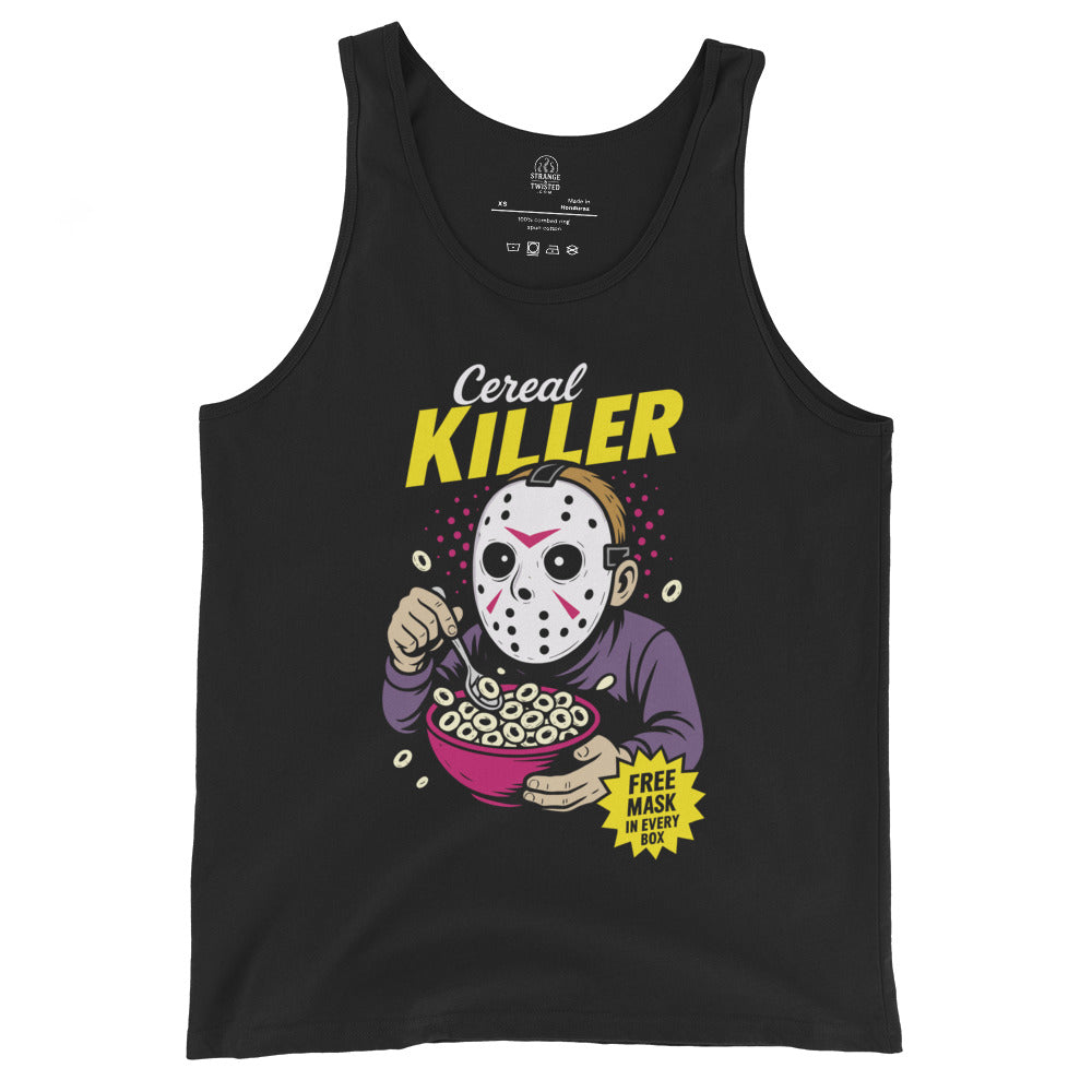 Black tank top with vibrant Cereal Killer parody artwork featuring masked cereal eater and retro comic style text, By Strange & Twisted