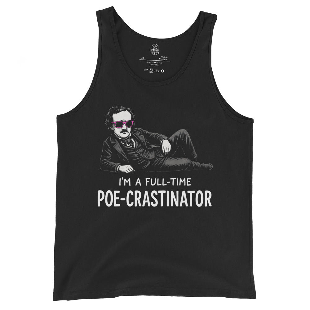 Black tank top with reclining Edgar Allan Poe and Poe Crastinator text in bold gothic humour style, By Strange & Twisted