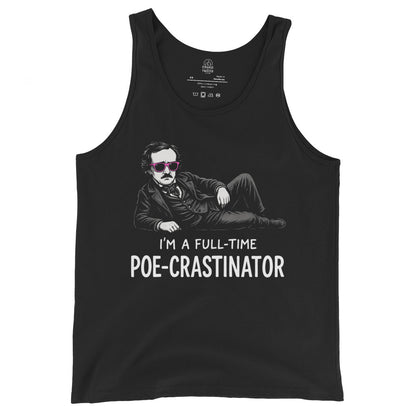 Black tank top with reclining Edgar Allan Poe and Poe Crastinator text in bold gothic humour style, By Strange & Twisted