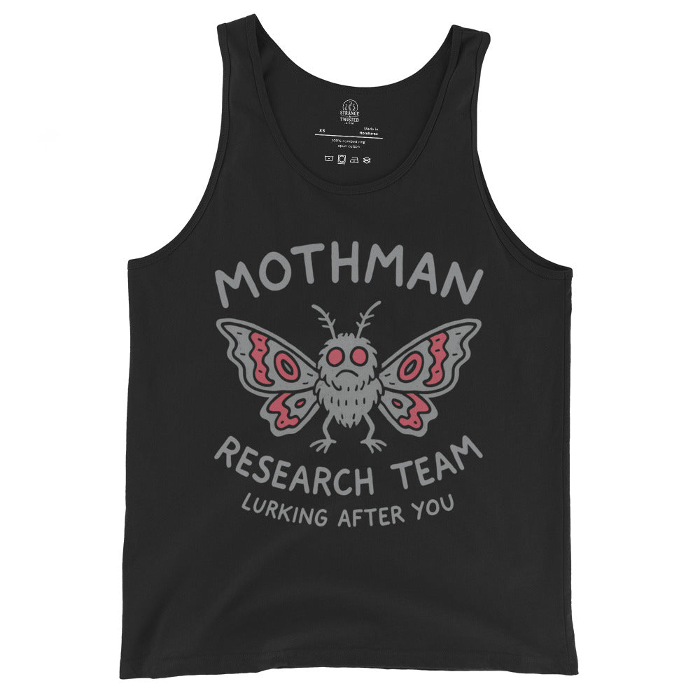 Black tank top with grey and red Mothman Research Team cryptid artwork on chest, By Strange & Twisted