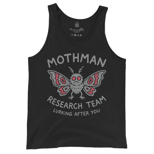 Black tank top with grey and red Mothman Research Team cryptid artwork on chest, By Strange & Twisted