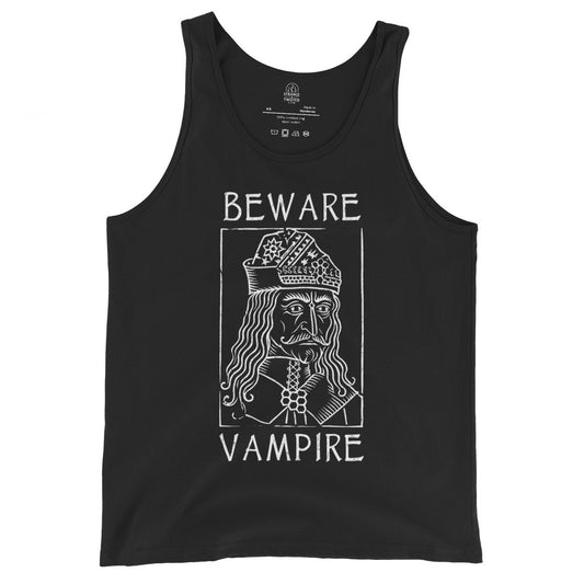 Black tank top with white Beware Vampire Vlad the impaler medieval artwork in gothic folklore style, By Strange and Twisted