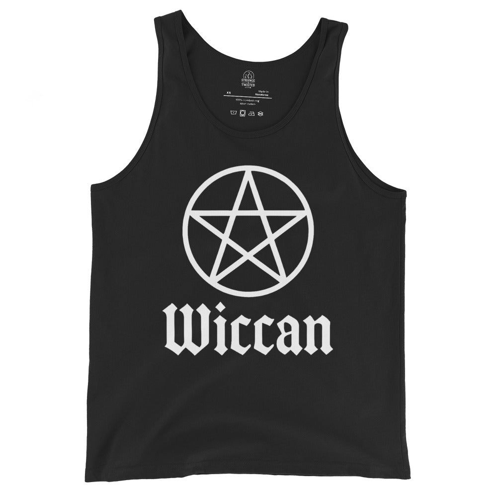 Black tank top with large white Wiccan pentacle symbol above Wiccan text, By Strange and Twisted
