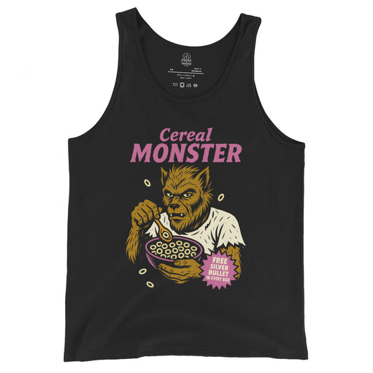 Black tank top with colourful Cereal Monster werewolf cereal artwork, Horror design By Strange and Twisted
