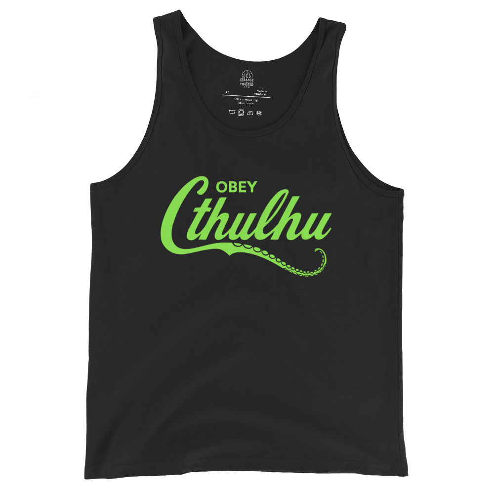 Black tank top with neon green Obey Cthulhu script and tentacle design, By Strange and Twisted