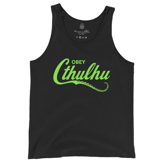 Black tank top with neon green Obey Cthulhu script and tentacle design, By Strange and Twisted
