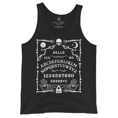 Black tank top with white Ouija board artwork including skull, moon, sun, alphabet, numbers and mystical hands.