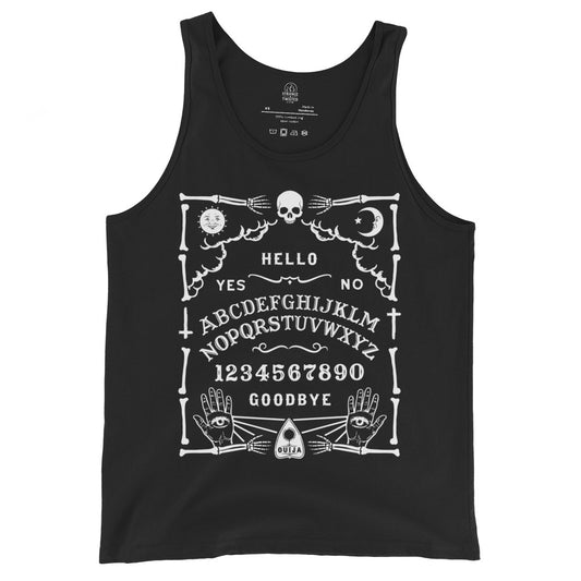 Black tank top with white Ouija board artwork including skull, moon, sun, alphabet, numbers and mystical hands.