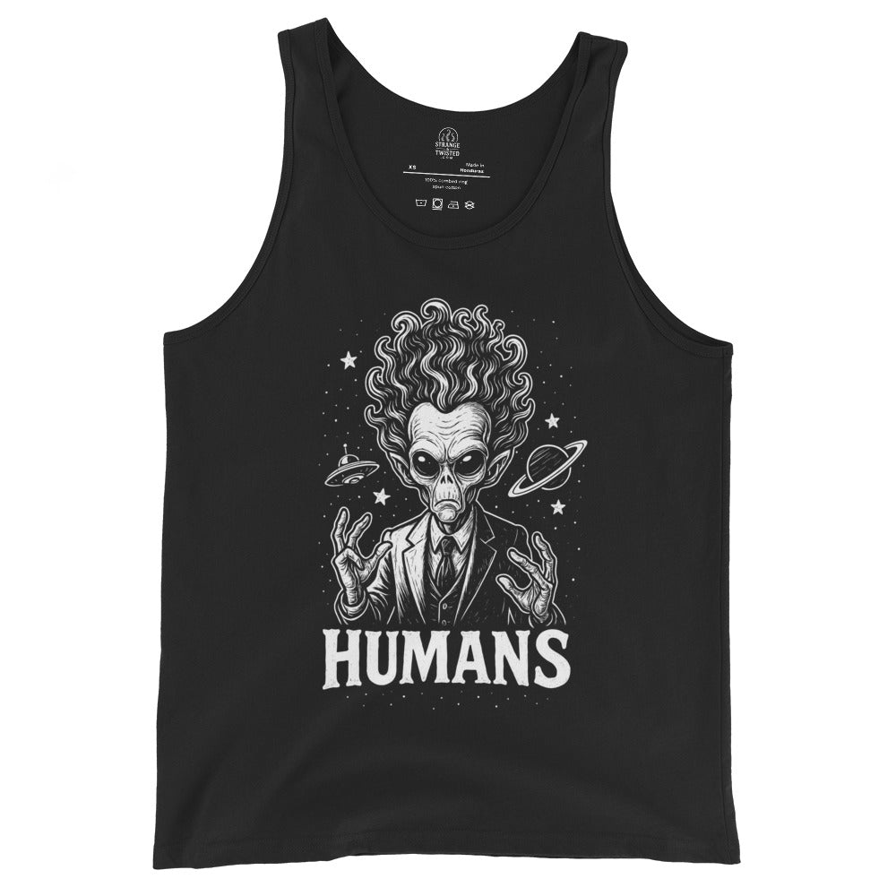 Black tank top with a white alien illustration, textured cosmic hair, surrounding stars and bold Humans lettering.