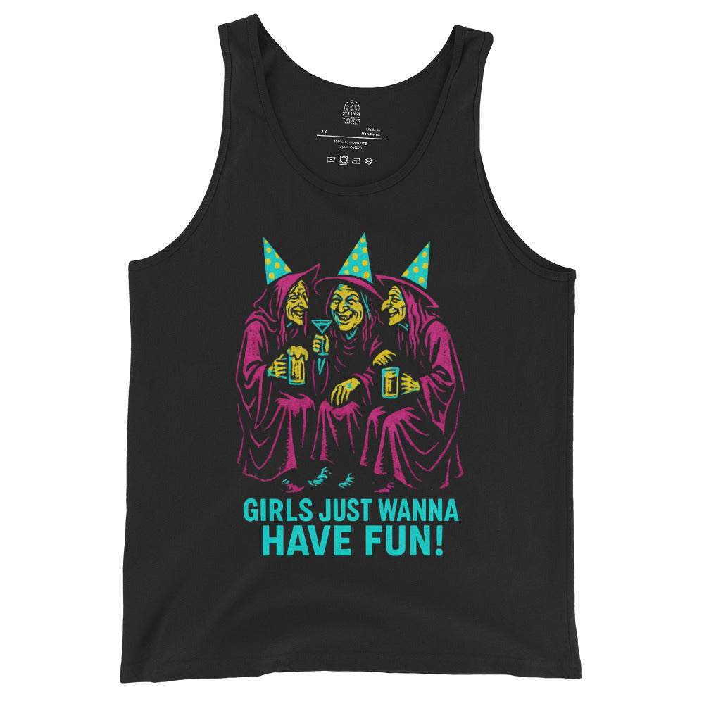 Black tank top showing three colourful witches wearing party hats, holding drinks and laughing beneath Girls Just Wanna Have Fun text.