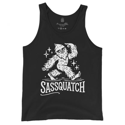Black tank top featuring a white cartoon Sasquatch character with sparkles and distressed Sassquatch lettering.