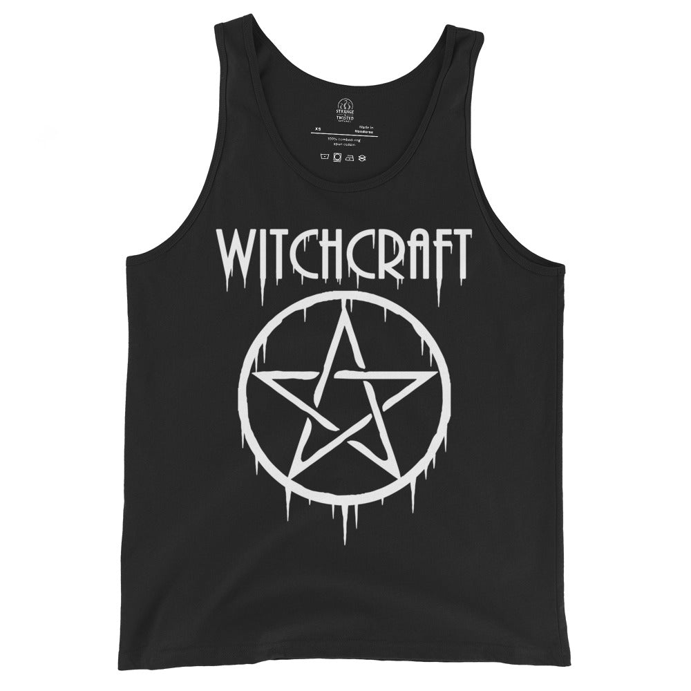 Black tank top displaying a white dripping pentagram inside a ritual circle with Witchcraft text above.