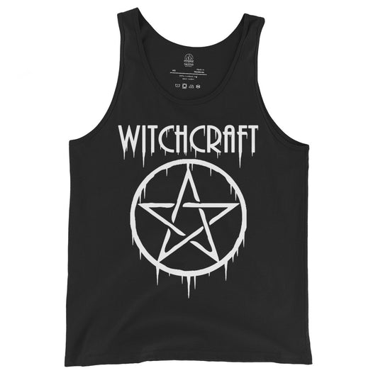 Black tank top displaying a white dripping pentagram inside a ritual circle with Witchcraft text above.