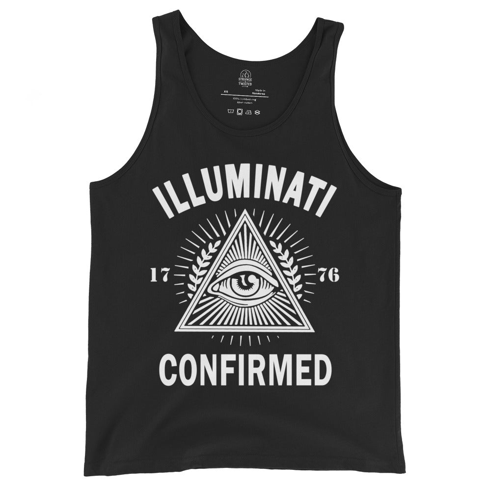 Black tank top displaying an all seeing eye inside a triangle with radiant lines and Illuminati Confirmed text.