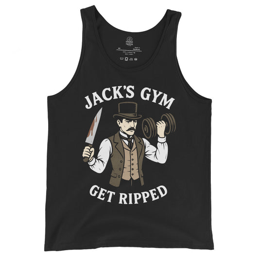 Black tank top featuring a Victorian strongman illustration with Jacks Gym text across the chest.
