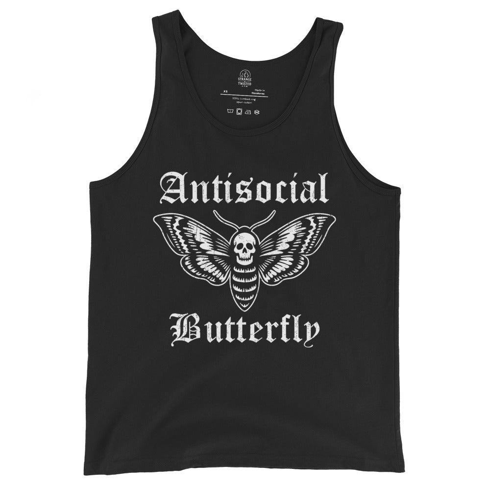 Black tank top featuring an antisocial butterfly gothic skull moth illustration with bold blackletter typography.