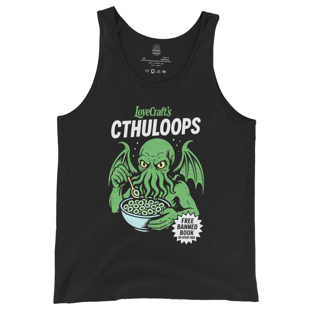 Black tank top featuring a cartoon Cthulhu eating cereal with the Lovecraft Cthuloops parody text above.