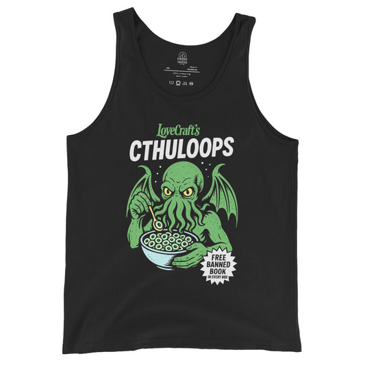 Black tank top featuring a cartoon Cthulhu eating cereal with the Lovecraft Cthuloops parody text above.