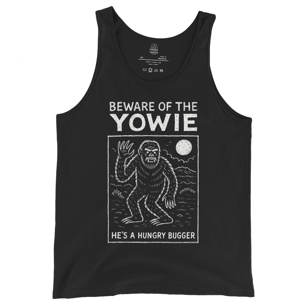 Black tank top front view displaying Yowie cryptid illustration with Beware of the Yowie text