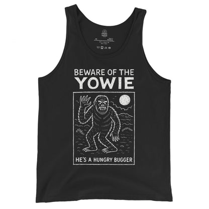Black tank top front view displaying Yowie cryptid illustration with Beware of the Yowie text