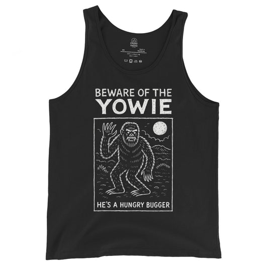 Black tank top front view displaying Yowie cryptid illustration with Beware of the Yowie text