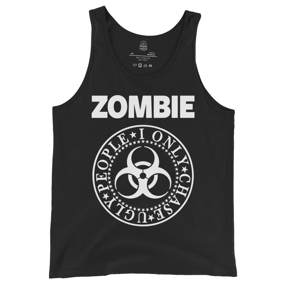 Zombie biohazard warning design printed on black tank top front