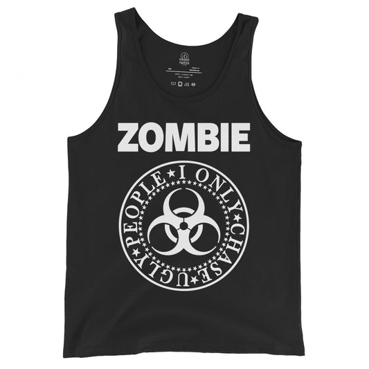 Zombie biohazard warning design printed on black tank top front