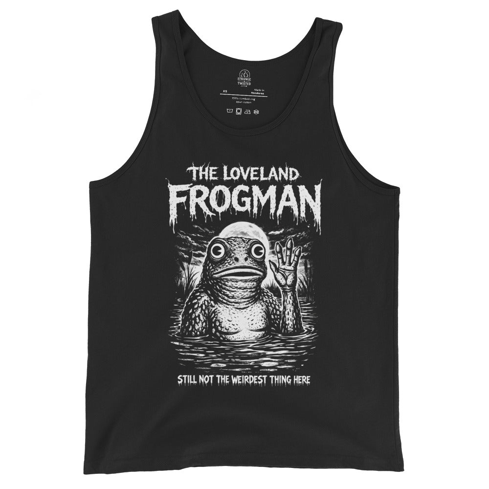 Loveland Frogman cryptid tank top front view with Ohio folklore monster illustration on black