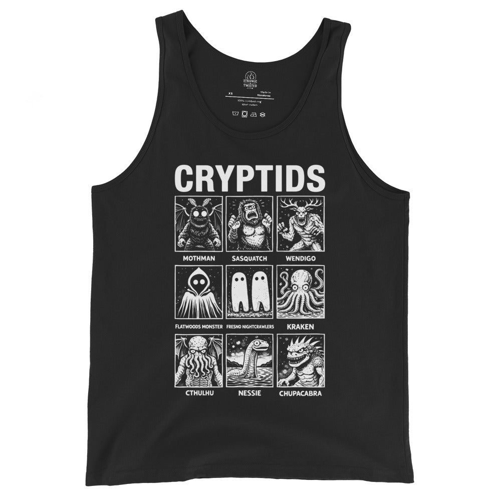Cryptids legendary creature grid tank top with folklore monsters on black
