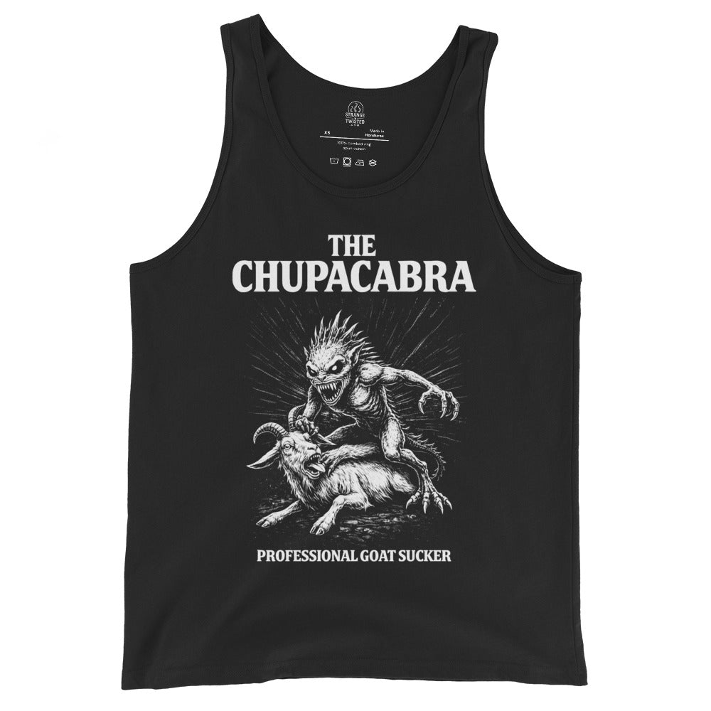 Chupacabra folklore illustration tank top on black with Professional Goat Sucker slogan