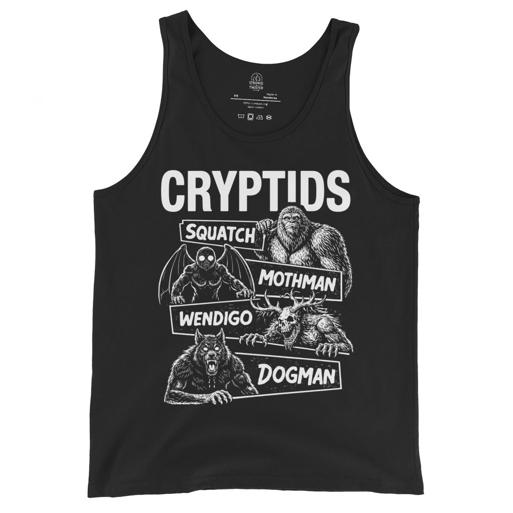 Cryptids folklore tank top on black with Sasquatch Mothman Wendigo Dogman artwork