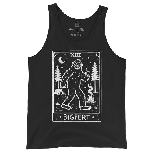 Black tank top with a graphic of a bigfoot and text on a white background