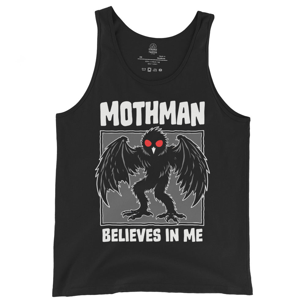 Black tank top with Mothman cryptid graphic and text on a white background