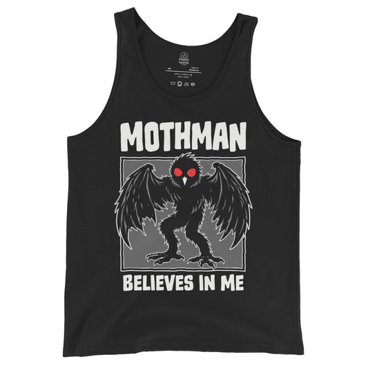 Black tank top with Mothman cryptid graphic and text on a white background