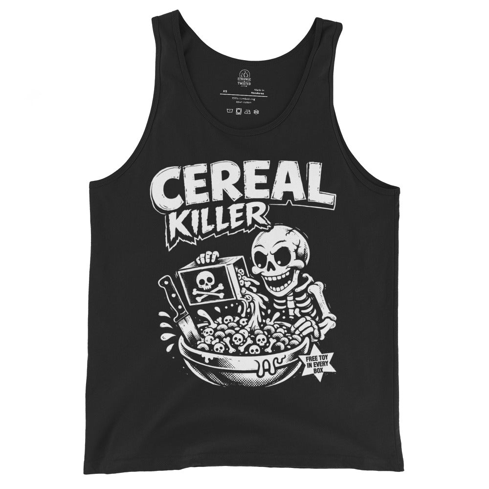Black unisex tank top featuring Cereal Killer skeleton horror artwork
