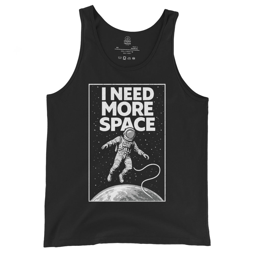 Front black tank top showing I Need More Space astronaut graphic