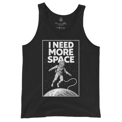 Front black tank top showing I Need More Space astronaut graphic