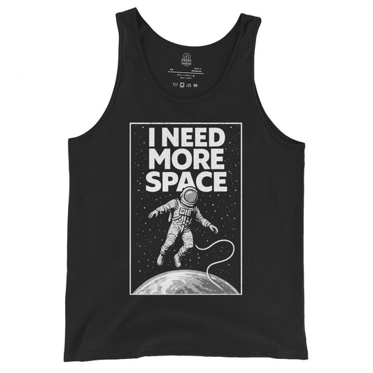 Front black tank top showing I Need More Space astronaut graphic