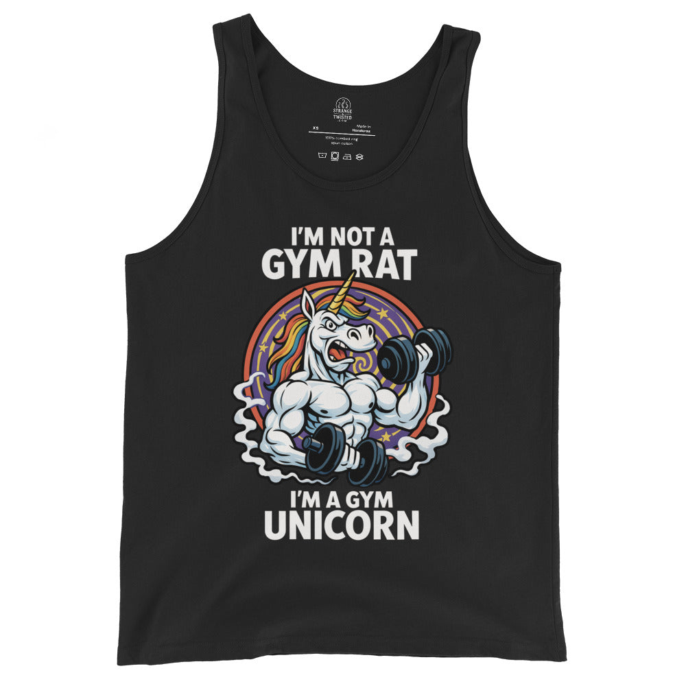 Black tank top with a graphic of a unicorn lifting weights and text 'I'm not a gym rat, I'm a gym unicorn' on a white background.
