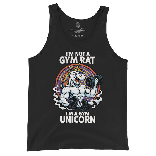 Black tank top with a graphic of a unicorn lifting weights and text 'I'm not a gym rat, I'm a gym unicorn' on a white background.